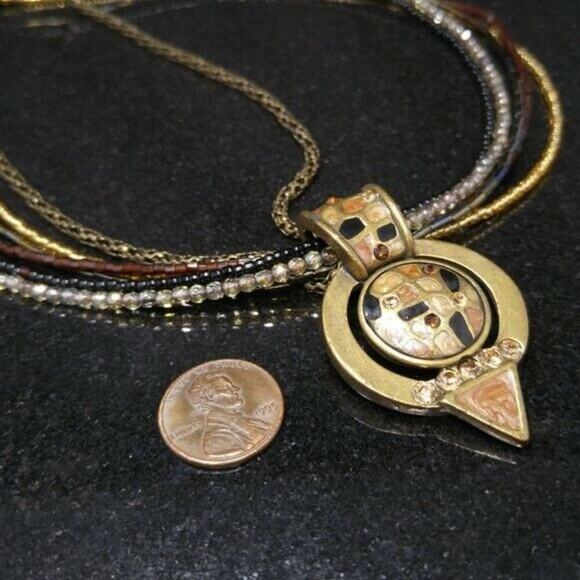 Chico’s Multi Strand Seed Bead Necklace Enamel Rhinestone Pendant Bronze Tone - Picture 7 of 12